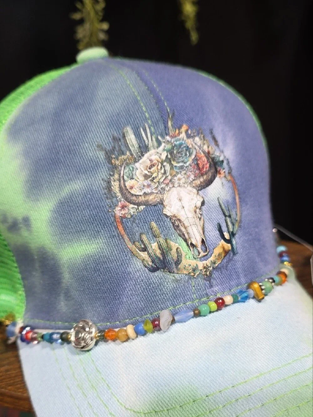 Aurum Grove Green & Blue Beaded Trucker Hat